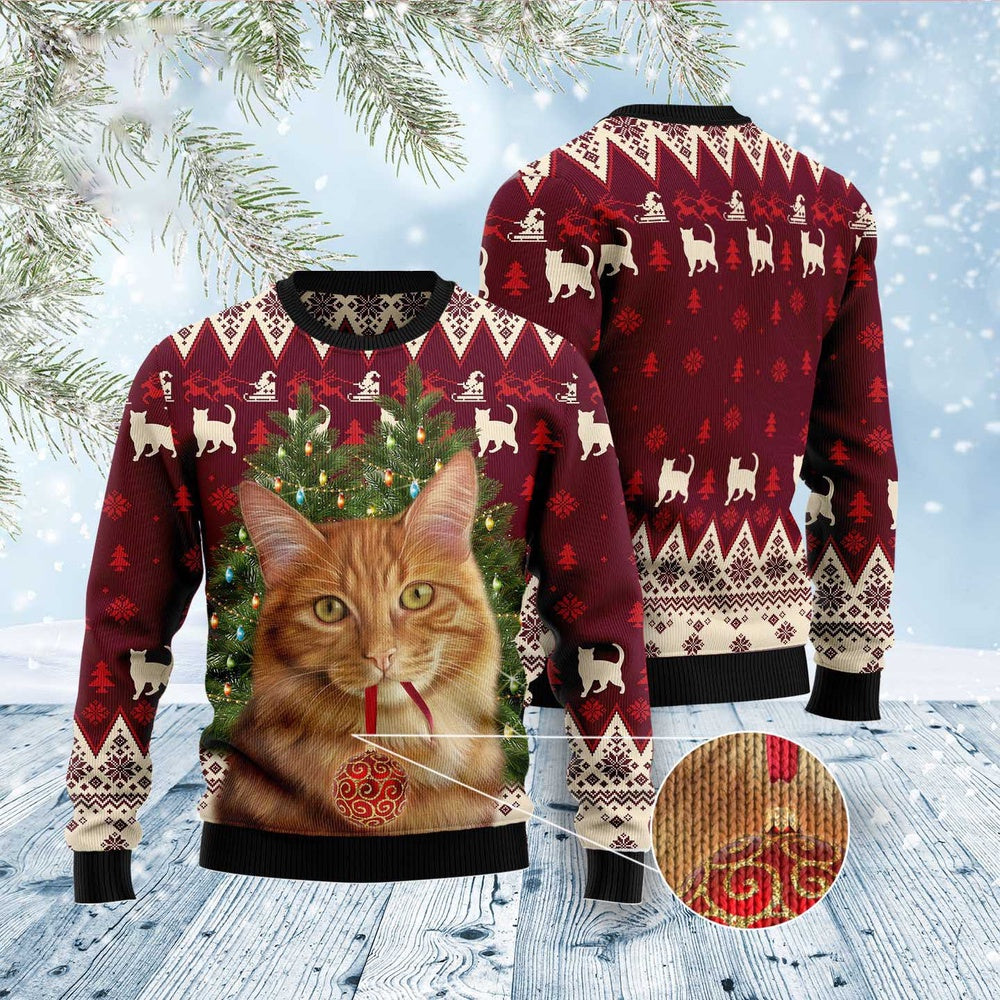 Cat Xmas Sweater, Cat Decor Pine Ugly Christmas Sweater, Sweater Xmas