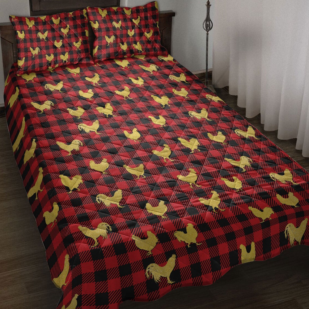 Chicken Quilt Set, Chicken Gold Glittermas Red Buffalo Plaid Quilt Blanket