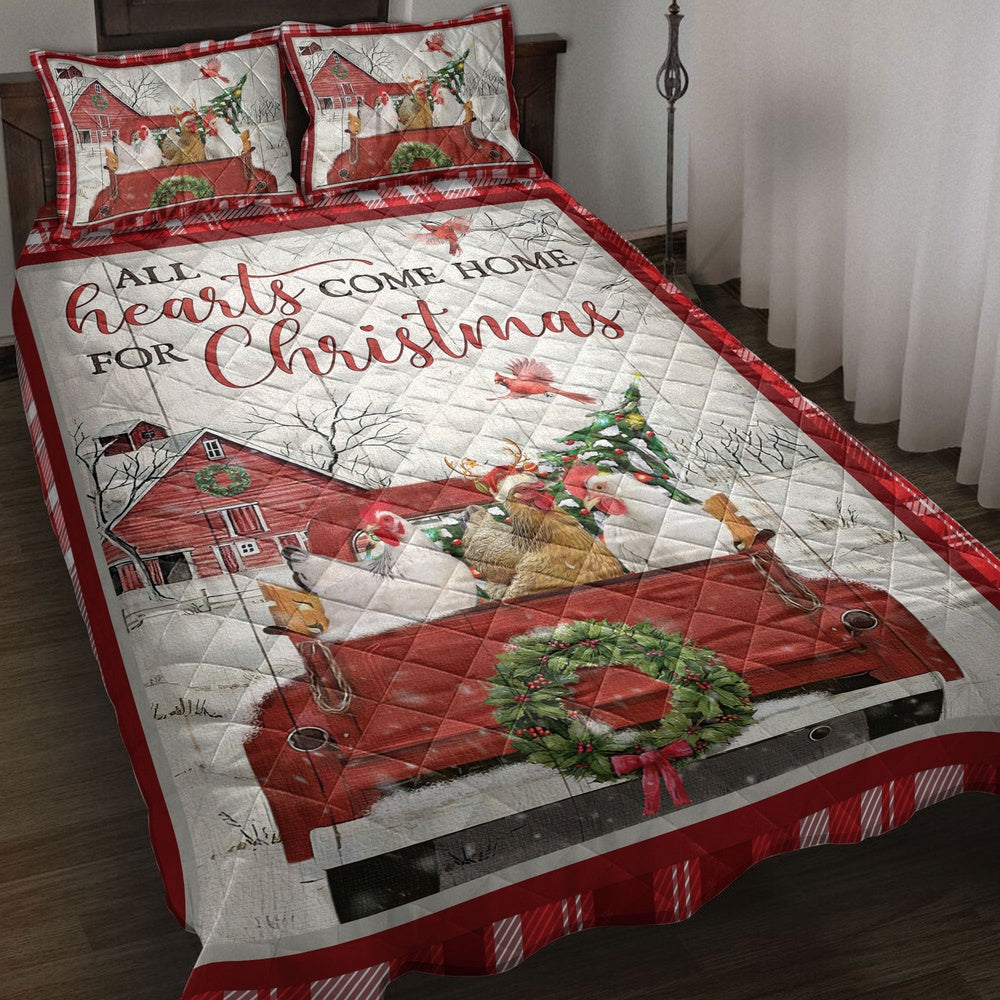 Chicken Quilt Set, Chicken With Truckmas Tree Snowflake Cozy Farmho Use Red Plaid Quilt Blanket