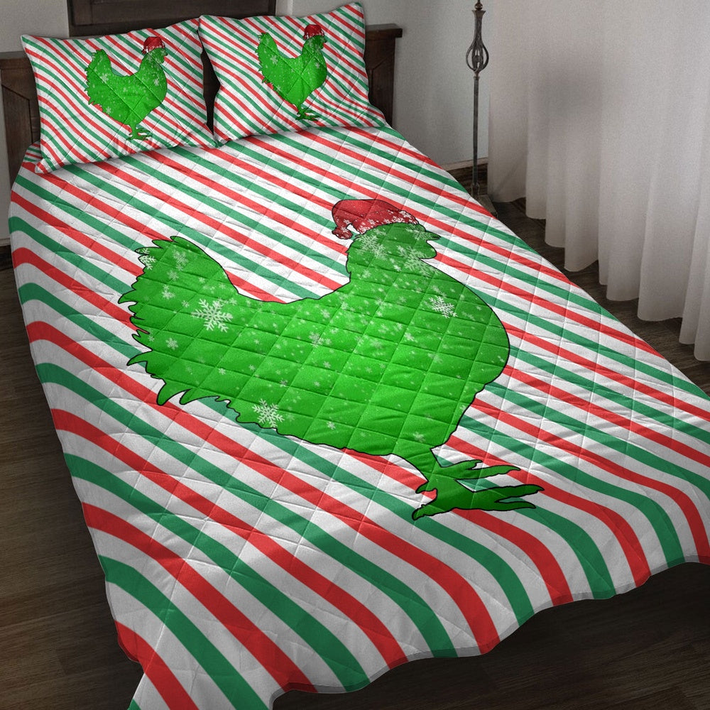 Chicken Quilt Set, Chickenmas Hat Cane Candy Stripes Shiny Green Winter Holiday Quilt Blanket
