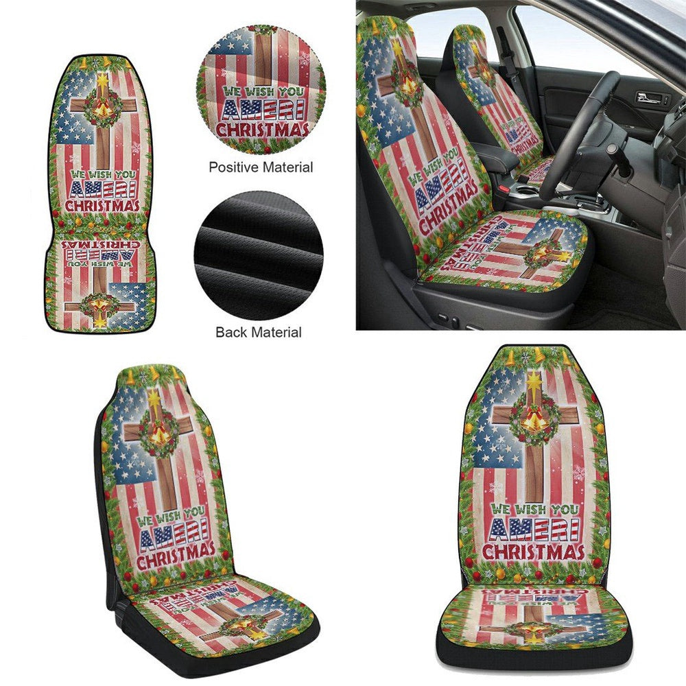 Christian Cross American flag We Wish You Ameri Christmas Cars Seat Cover, Christmas Car Seat Covers, Car Decor Gift