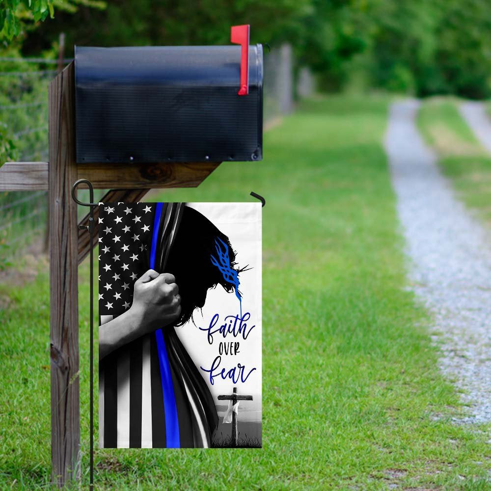 Christian Garden Flags, Faith Over Fear - Thin Blue Line Flag, Christian House Flags, Christian Cross Flag, Faith Flag