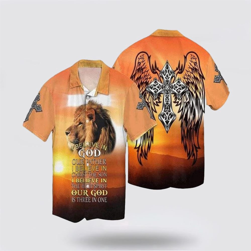 Christian Hawaiian Shirt, Christian Jesus And Lion Christian Cross Wings I Believe In God Our Father Hawaiian Shirt, Christian Aloha Shirt