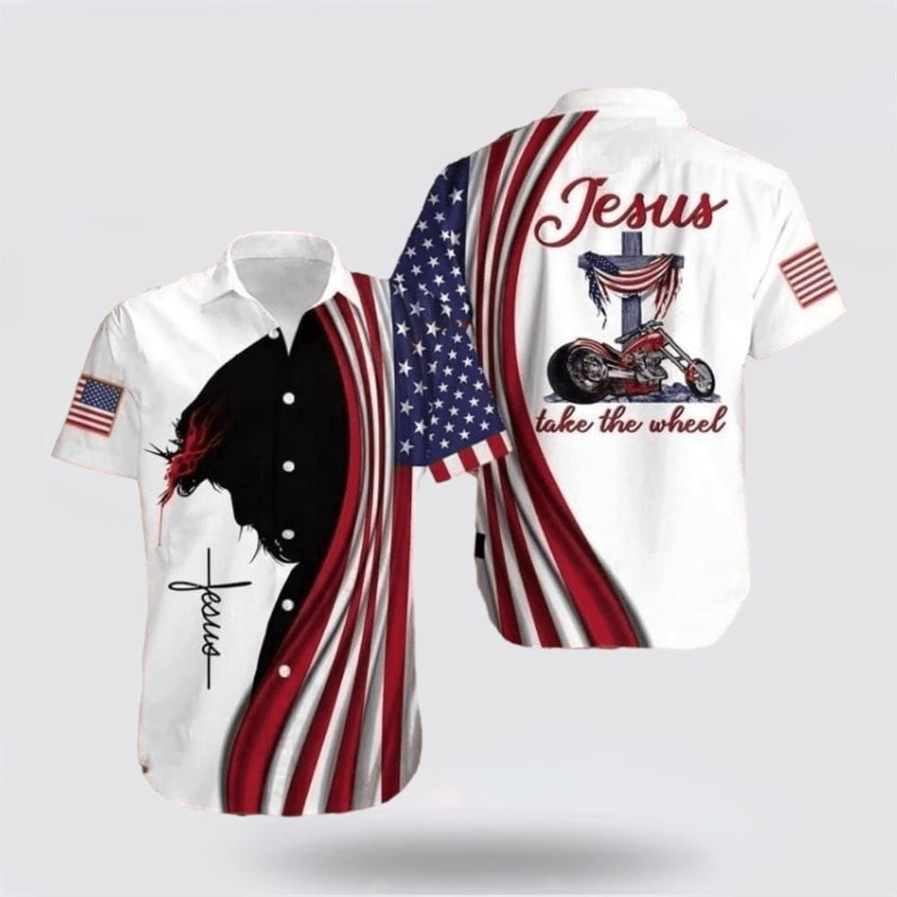Christian Hawaiian Shirt, Cross Jesus Bible Americal Flag Biker Jesus Take The Wheel Hawaiian Shirt, Christian Aloha Shirt