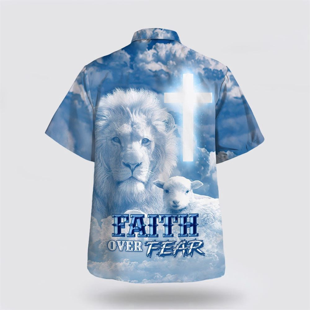 Christian Hawaiian Shirt, Faith Over Fear Jesus Lion Lamb Hawaiian Shirt, Christian Aloha Shirt
