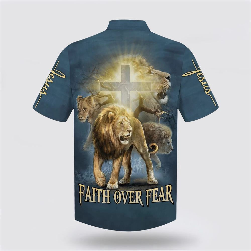 Christian Hawaiian Shirt, Faith Over Fear Lion Hawaiian Shirt, Christian Aloha Shirt