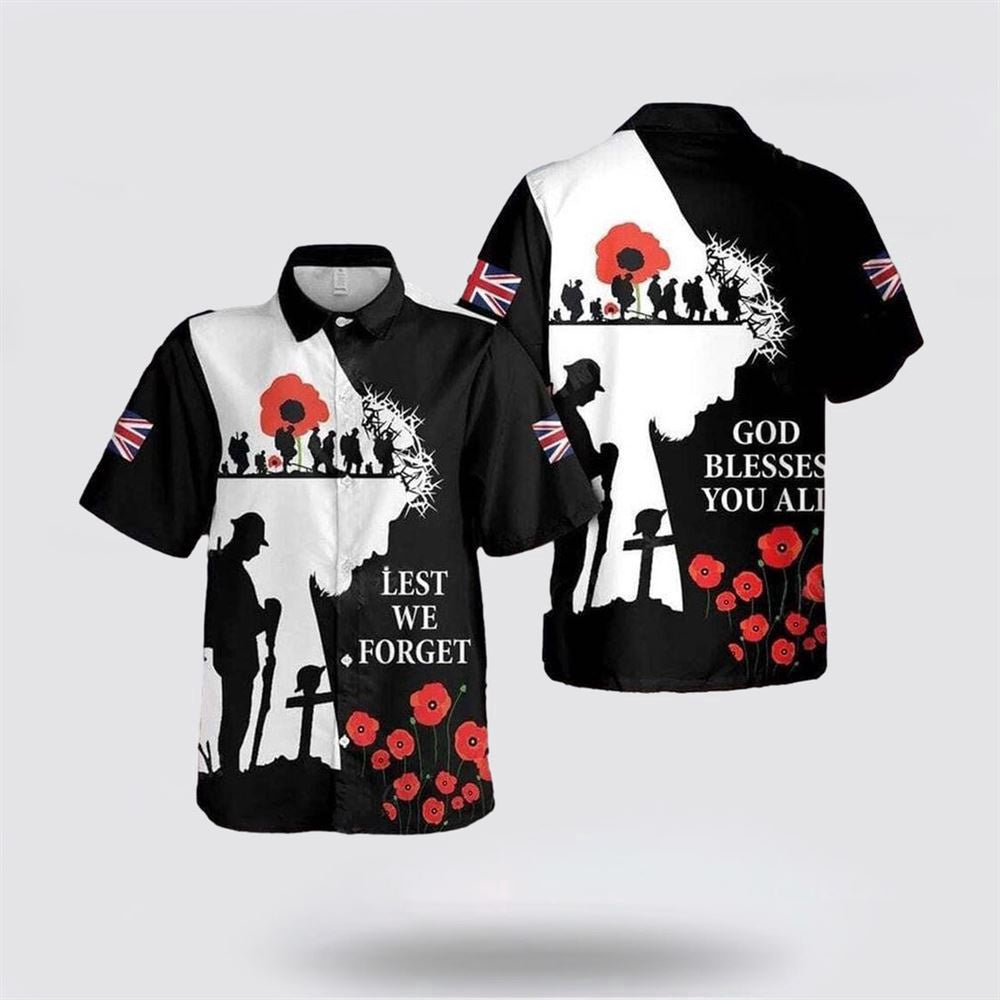 Christian Hawaiian Shirt, God Blessed You All Veteran Lest We Forget Black And White Religion Hawaiian Shirt, Christian Aloha Shirt