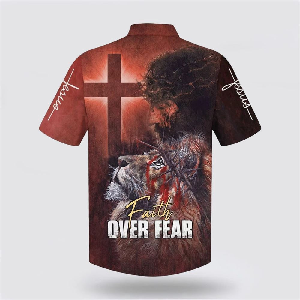 Christian Hawaiian Shirt, Jesus Faith Over Fear Lion Cross Hawaiian Shirt, Christian Aloha Shirt