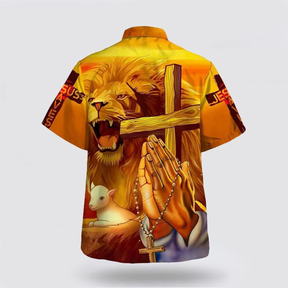 Christian Hawaiian Shirt, Jesus Lion Cross Faith Over Fear Hawaiian Shirt, Christian Aloha Shirt