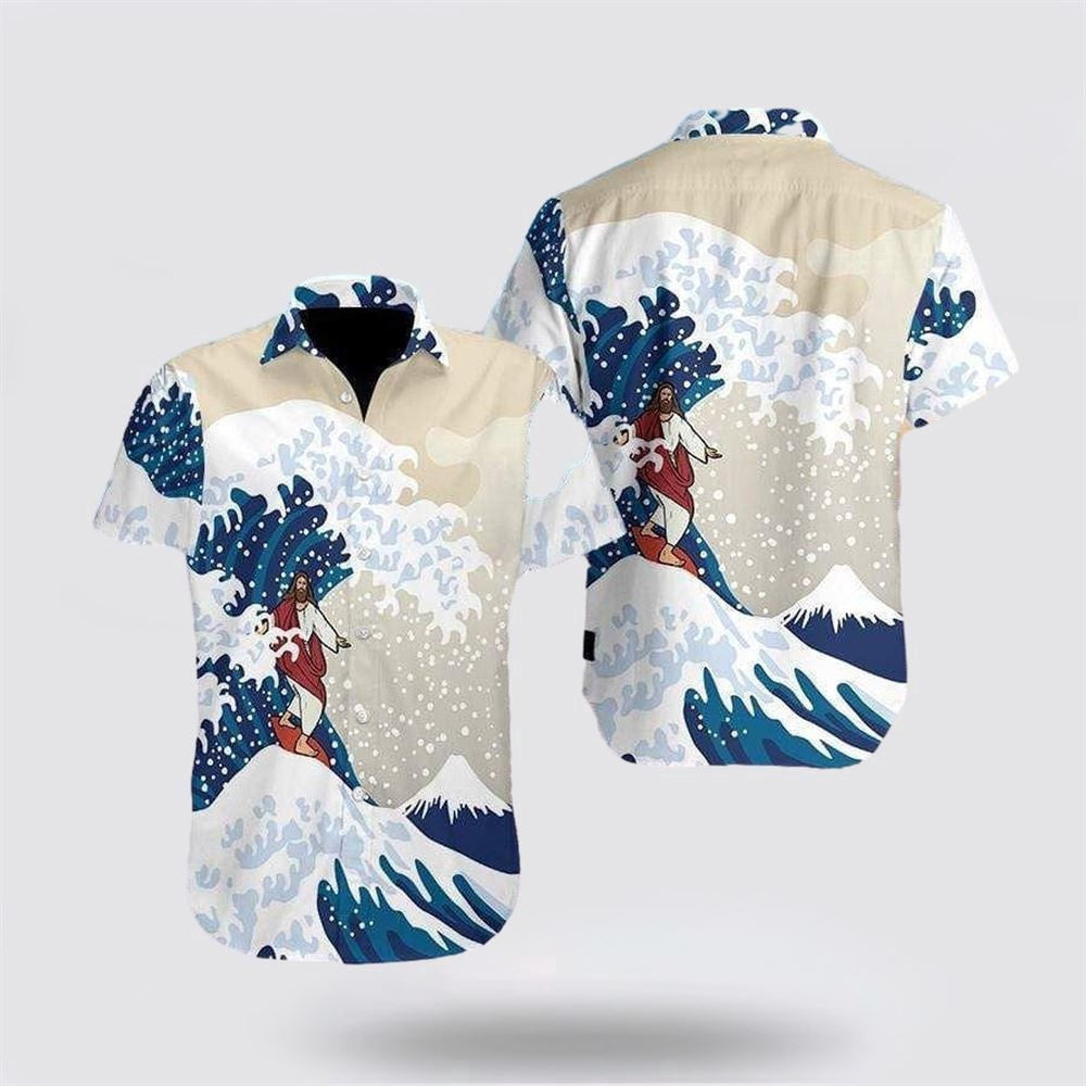 Christian Hawaiian Shirt, Jesus Surfing Hawaiian Shirt, Christian Aloha Shirt