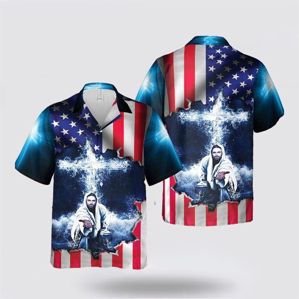 Christian Hawaiian Shirt, Jeusus Take My Hand American Flag Cross Hawaiian Shirt, Christian Aloha Shirt