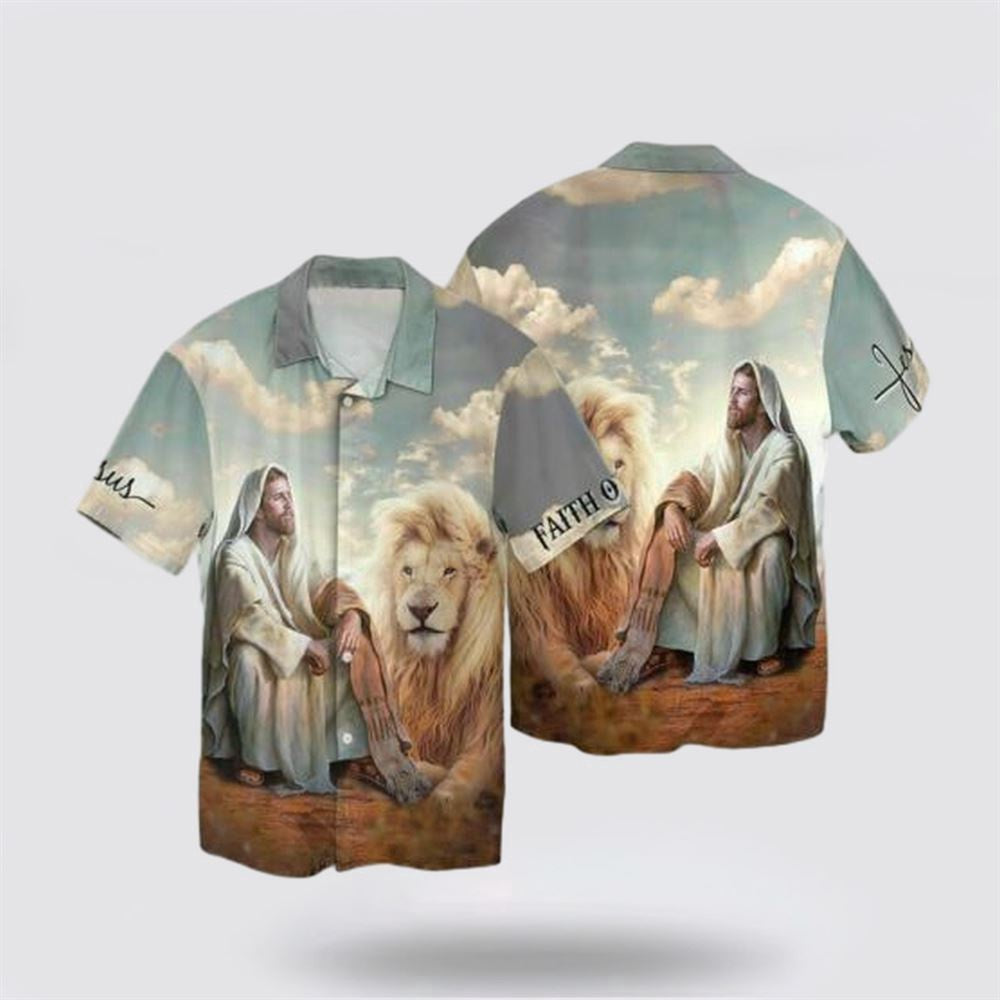 Christian Hawaiian Shirt, Lion And Jesus Pictures Hawaiin Shirt Hawaiian Shirt, Christian Aloha Shirt