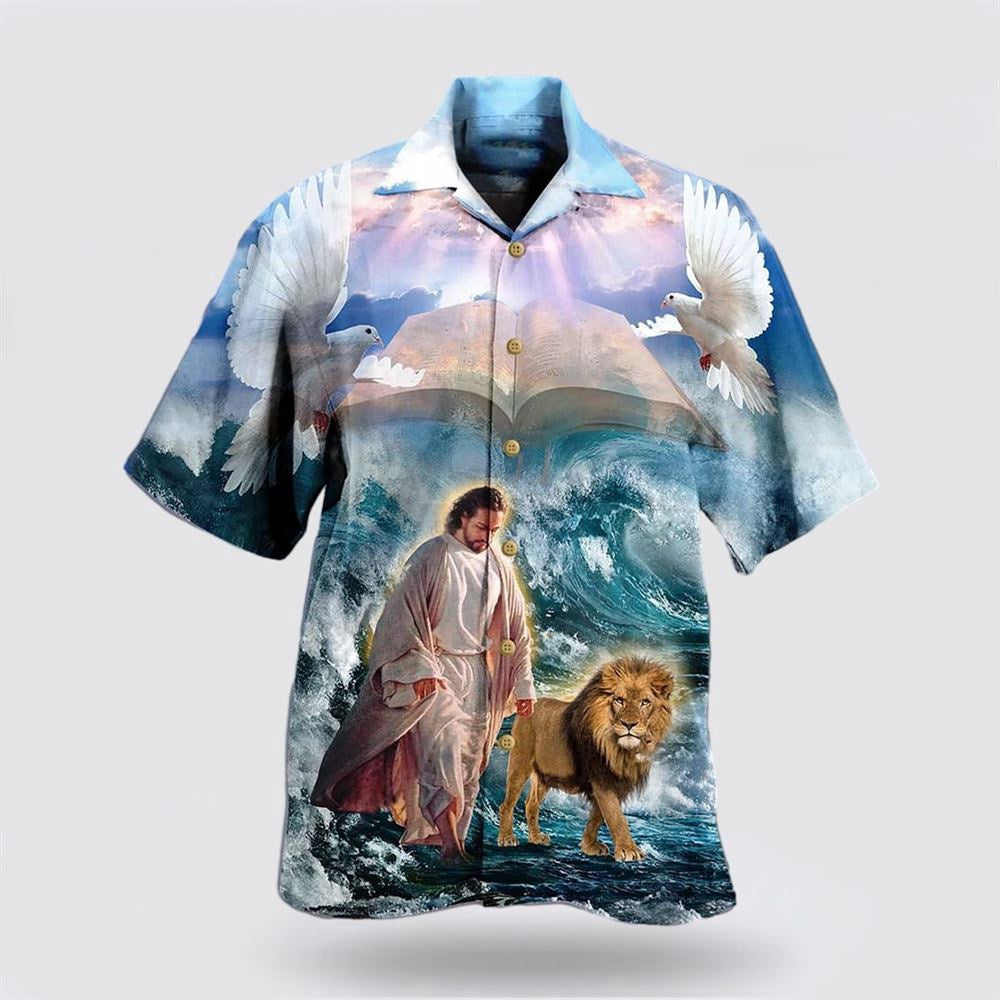 Christian Hawaiian Shirt, Lion And Jesus Walk On Water Christian Hawaiian Shirts, Christian Aloha Shirt