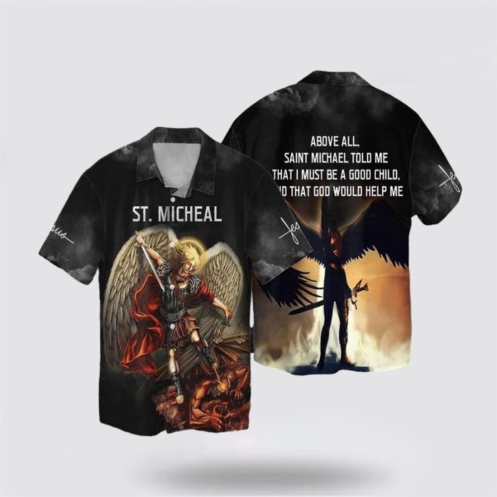 Christian Hawaiian Shirt, Saint Micheal Archangel Micae Jesus Above Hawaiian Shirt, Christian Aloha Shirt