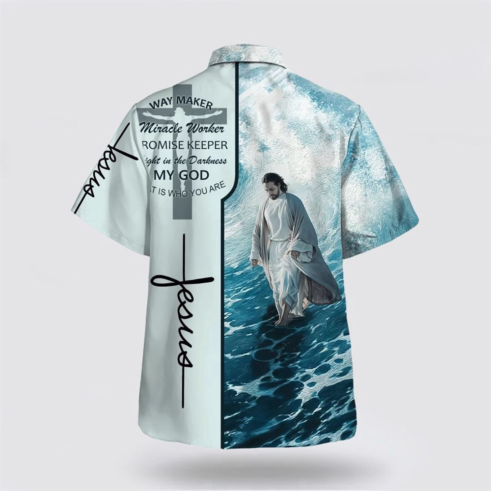Christian Hawaiian Shirt, Way Maker Miracle Worker Promise Keeper Light In The Darkness Jesus Walking On Water Hawaiian Shirt, Christian Aloha Shirt