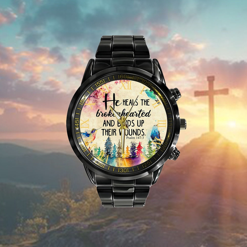 Christian Watch, He Heals The Brokenhearted Psalm 1473 Watch - Poster To Print - Bible Verse Watch