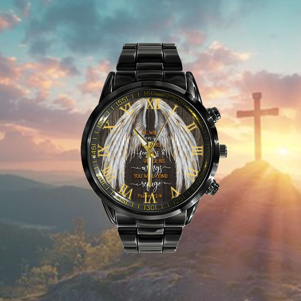Christian Watch, He Will Cover You With His Feathers Psalm 914 Watch - Scripture Watch - Bible Verse Watch