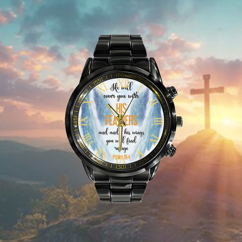 Christian Watch, He Will Cover You With His Feathers Psalm 914 Watch Art - Scripture Watch - Bible Verse Watch