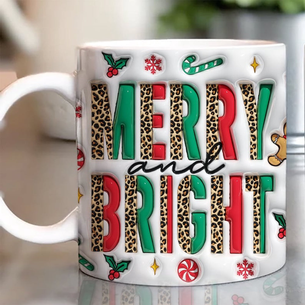 Christmas 3D Mug, 3D Merry And Bright Inflated Mug, 3D, Santa Mug, Gift For Christmas