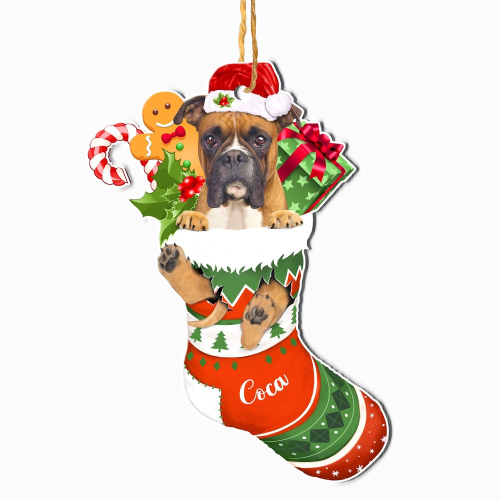 Christmas Dog Ornament, Personalized Boxer Dog In Christmas Stocking Ornament, New Dog Christmas Ornament