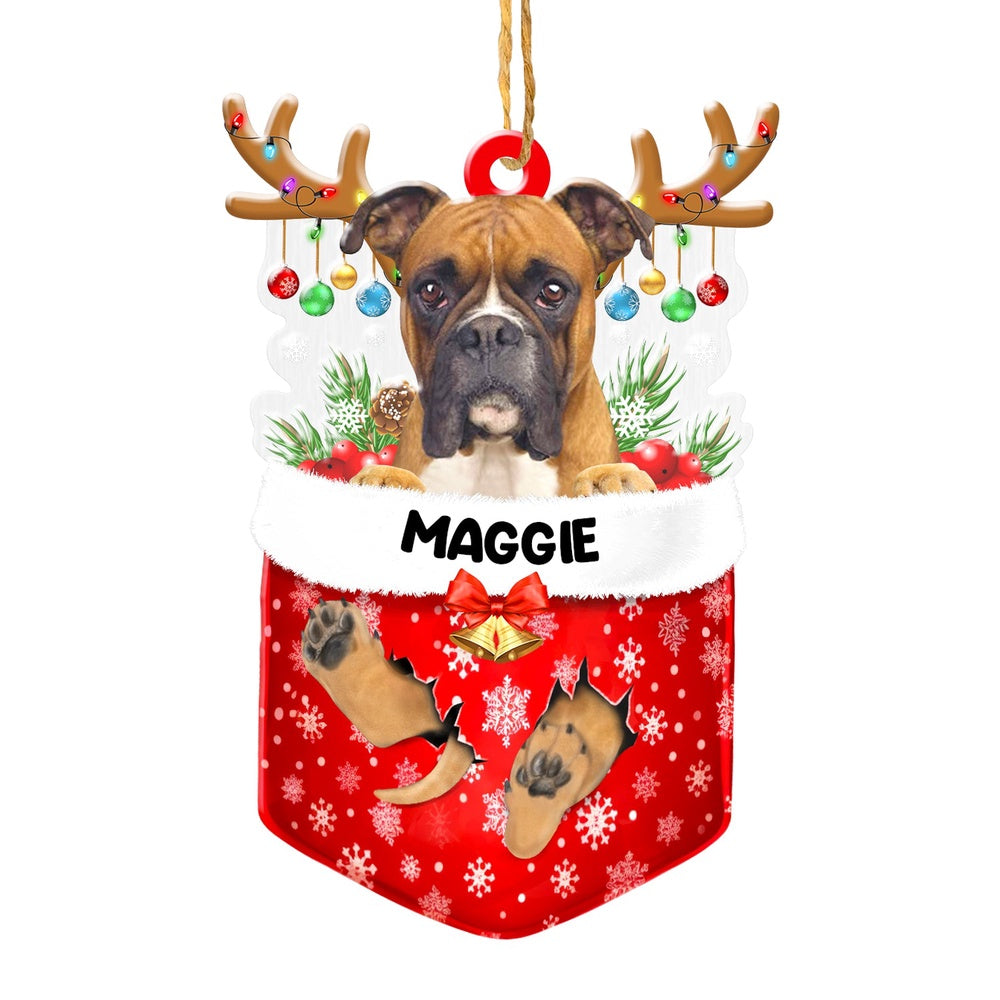 Christmas Dog Ornament, Personalized Boxer Dog In Snow Pocket Christmas Acrylic Ornament, New Dog Christmas Ornament