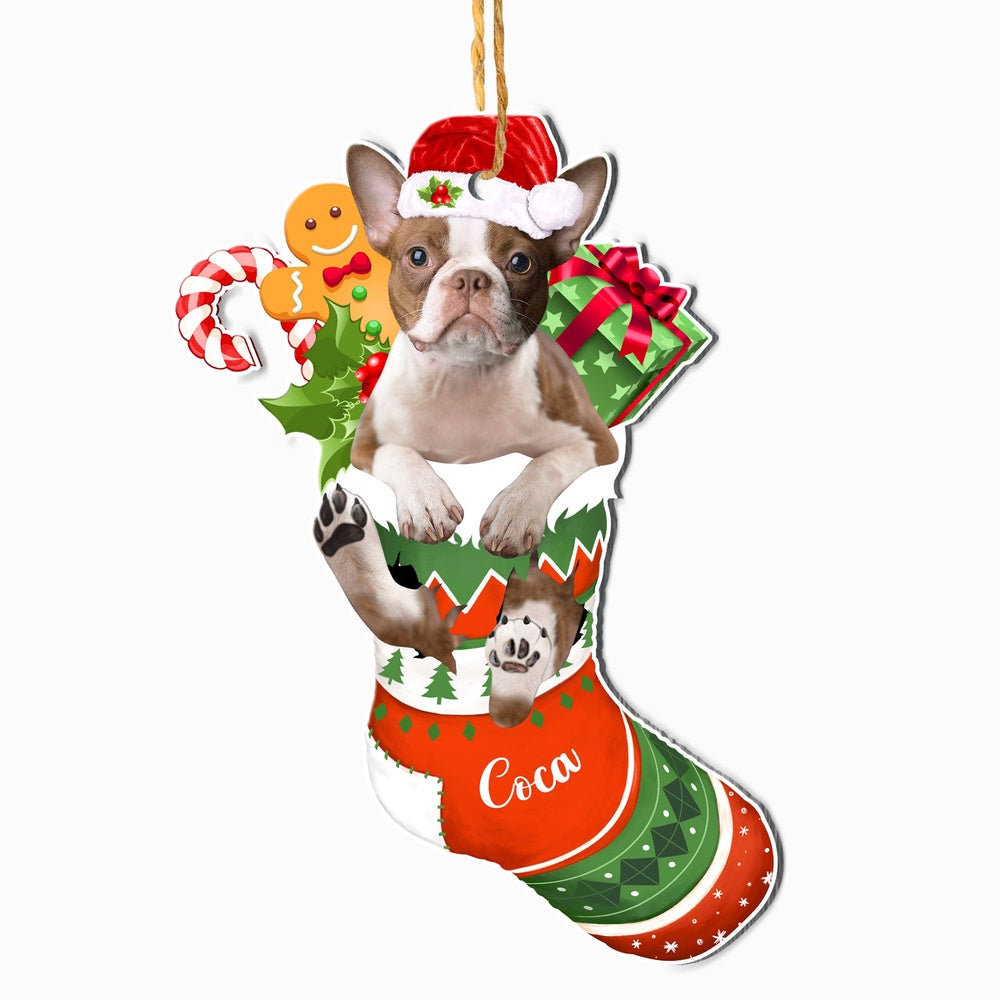 Christmas Dog Ornament, Personalized Brown Boston Terrier In Christmas Stocking Ornament, New Dog Christmas Ornament