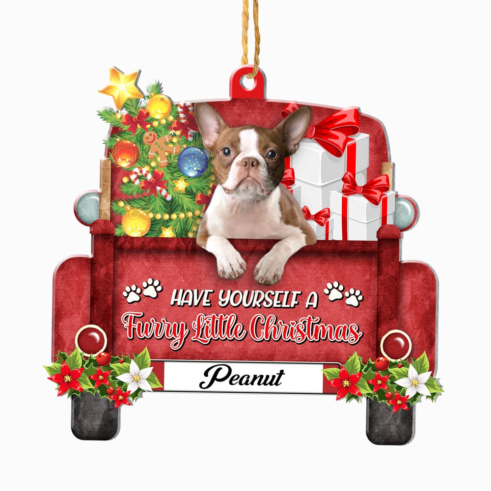 Christmas Dog Ornament, Personalized Brown Boston Terrier Red Truck Christmas Ornament, New Dog Christmas Ornament