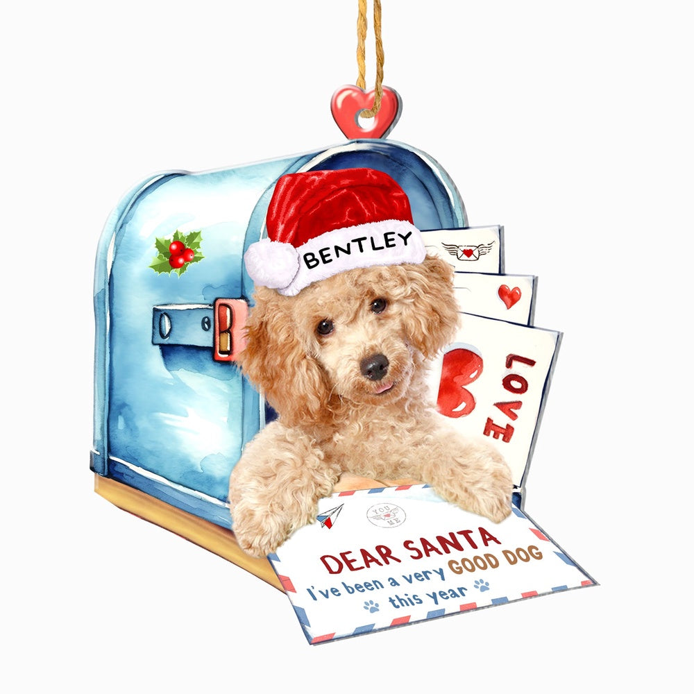 Christmas Dog Ornament, Personalized Brown Poodle In Mailbox Christmas Ornament, New Dog Christmas Ornament