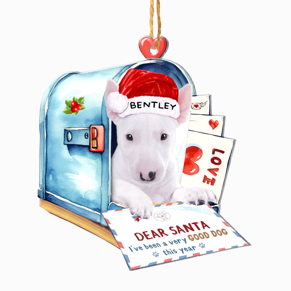 Christmas Dog Ornament, Personalized Bull Terrier In Mailbox Christmas Ornament, New Dog Christmas Ornament