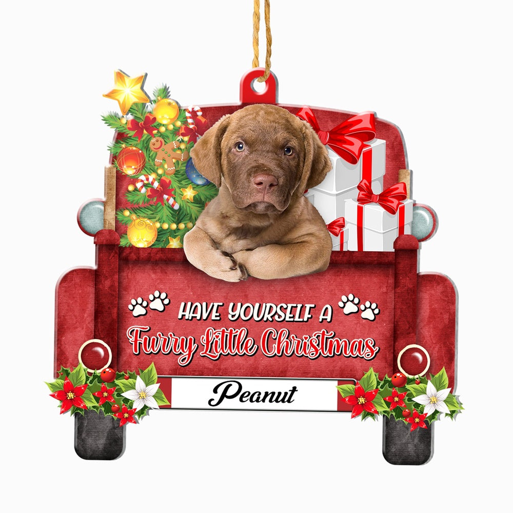 Christmas Dog Ornament, Personalized Chesapeake Bay Retriever Red Truck Christmas Ornament, New Dog Christmas Ornament