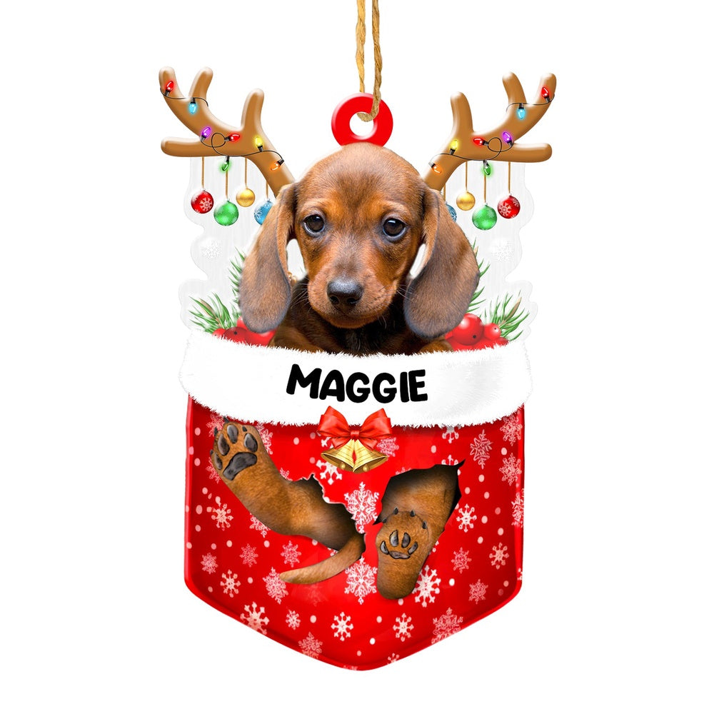 Christmas Dog Ornament, Personalized Chocolate Dachshund In Snow Pocket Christmas Acrylic Ornament, New Dog Christmas Ornament
