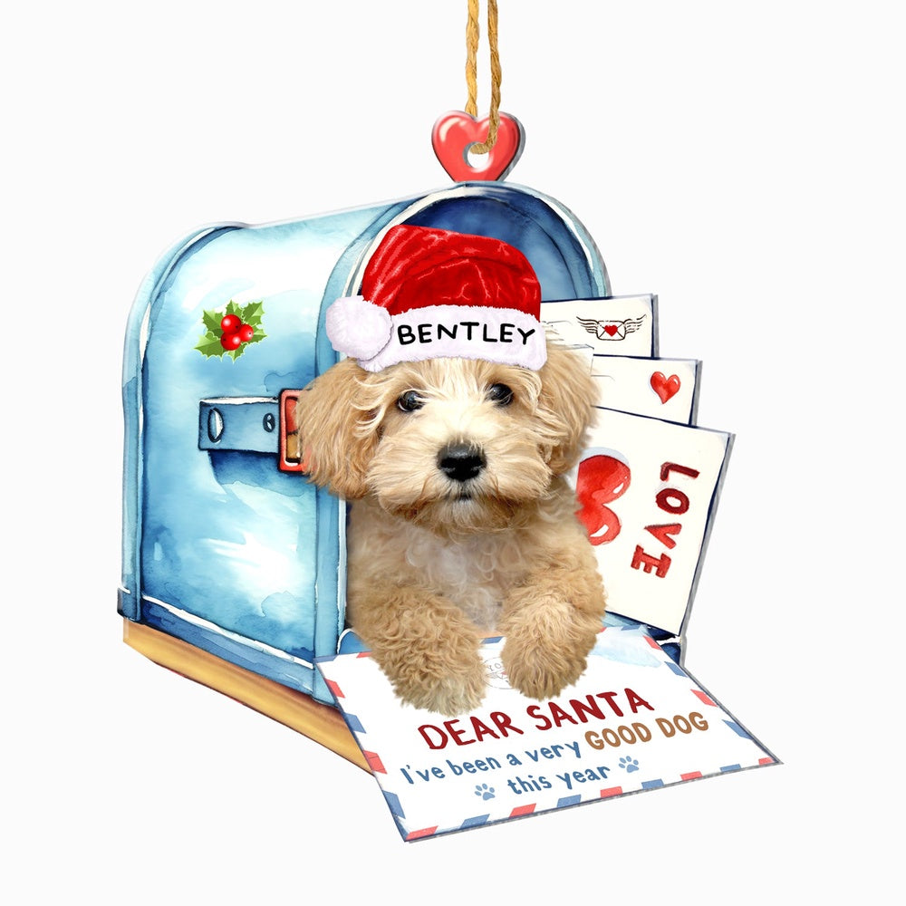 Christmas Dog Ornament, Personalized Cream Schnoodle In Mailbox Christmas Ornament, New Dog Christmas Ornament