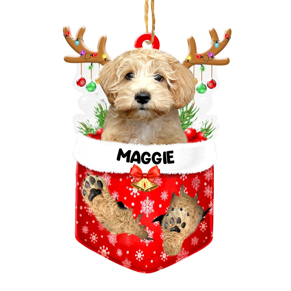 Christmas Dog Ornament, Personalized Cream Schnoodle In Snow Pocket Christmas Acrylic Ornament, New Dog Christmas Ornament