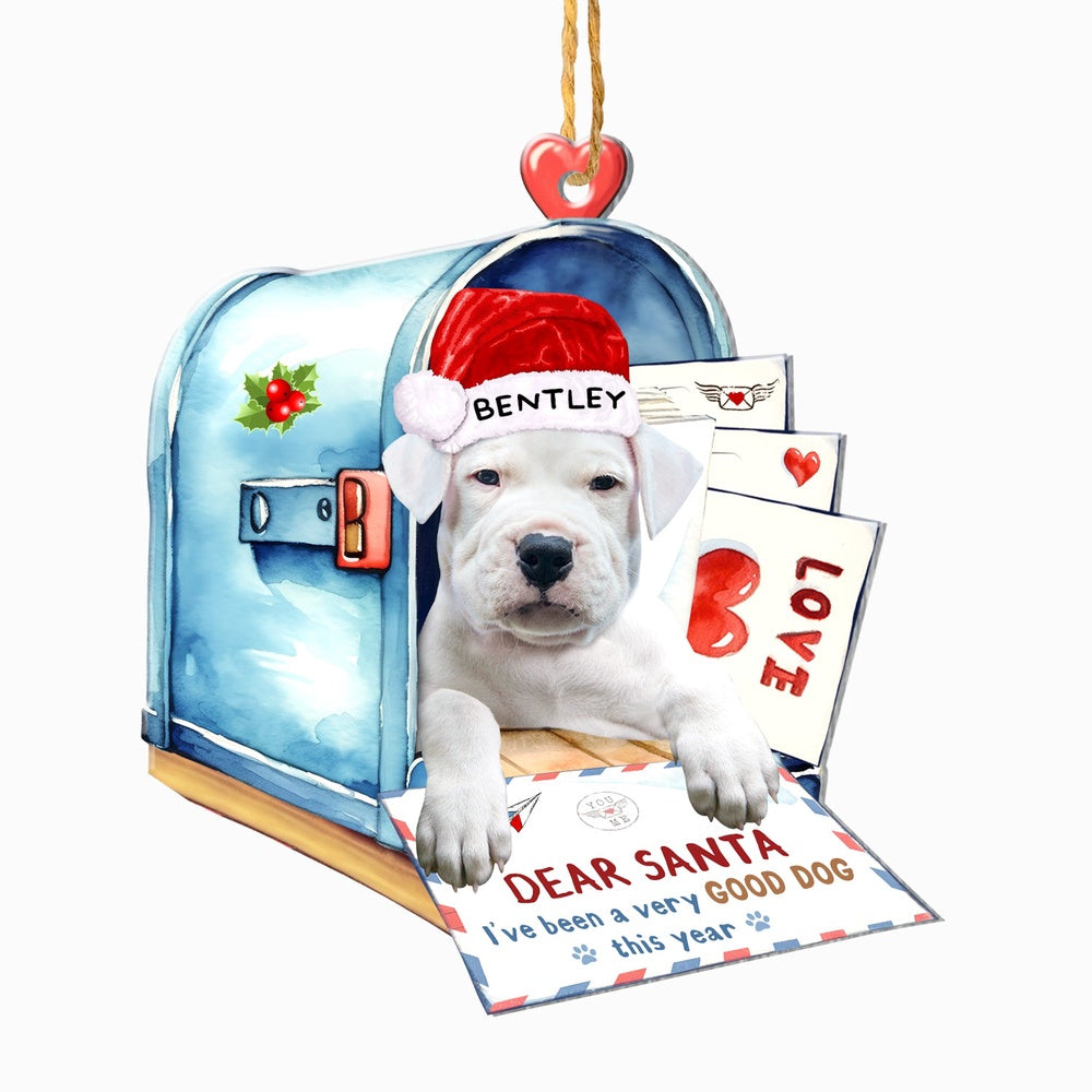 Christmas Dog Ornament, Personalized Dogo Argentino In Mailbox Christmas Ornament, New Dog Christmas Ornament