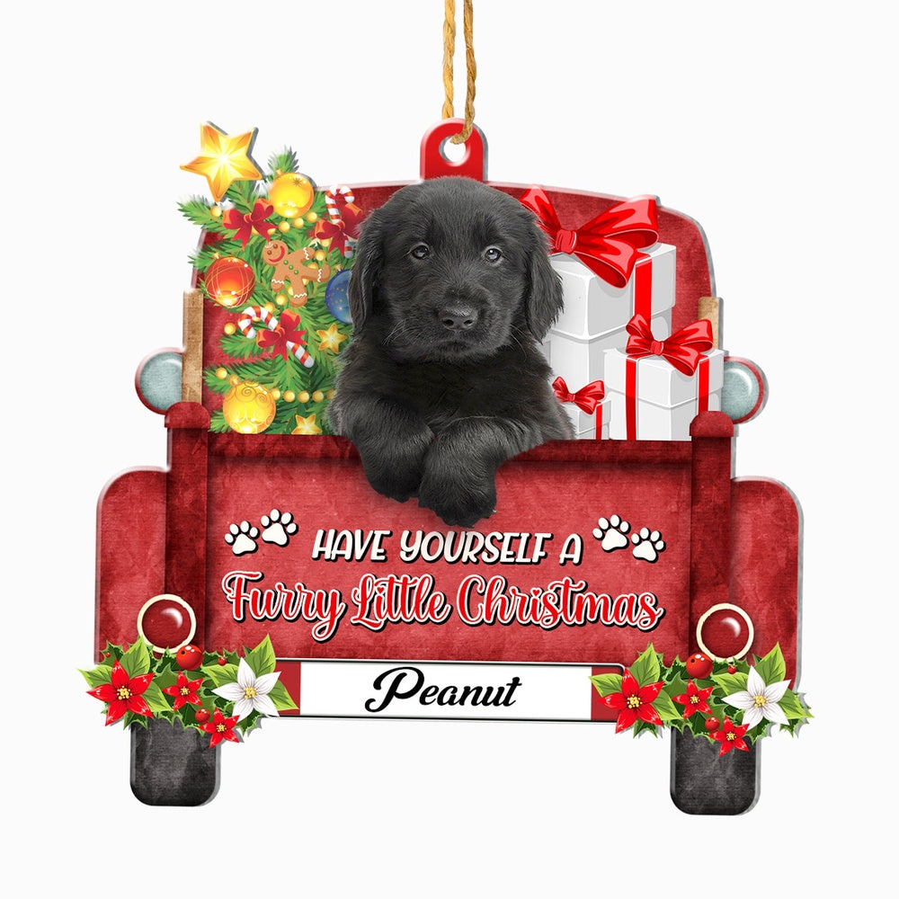 Christmas Dog Ornament, Personalized Flat Coated Retriever Red Truck Christmas Ornament, New Dog Christmas Ornament