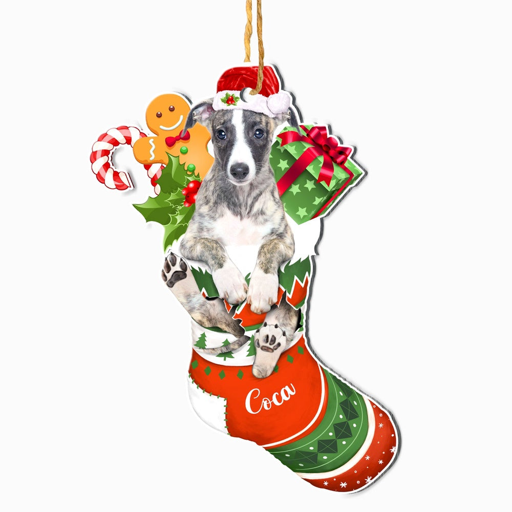 Christmas Dog Ornament, Personalized Greyhound In Christmas Stocking Ornament, New Dog Christmas Ornament