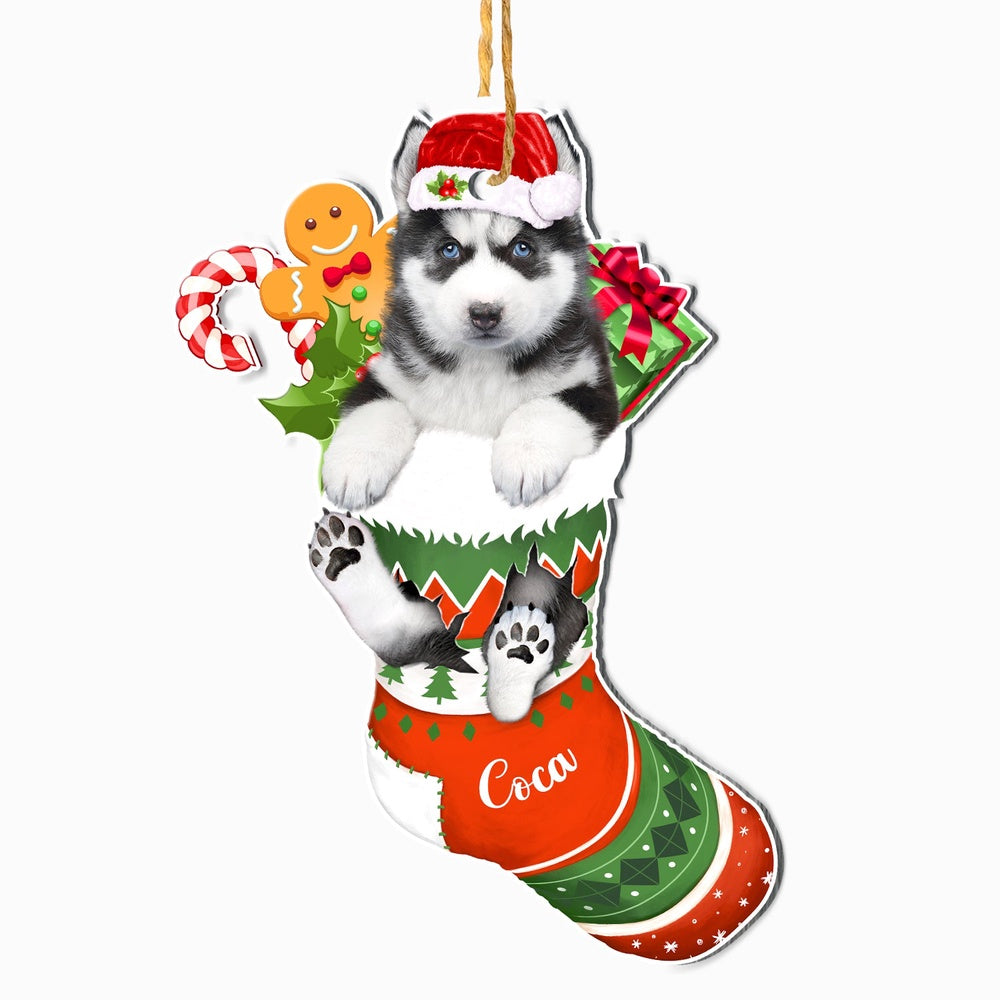 Christmas Dog Ornament, Personalized Husky In Christmas Stocking Ornament, New Dog Christmas Ornament