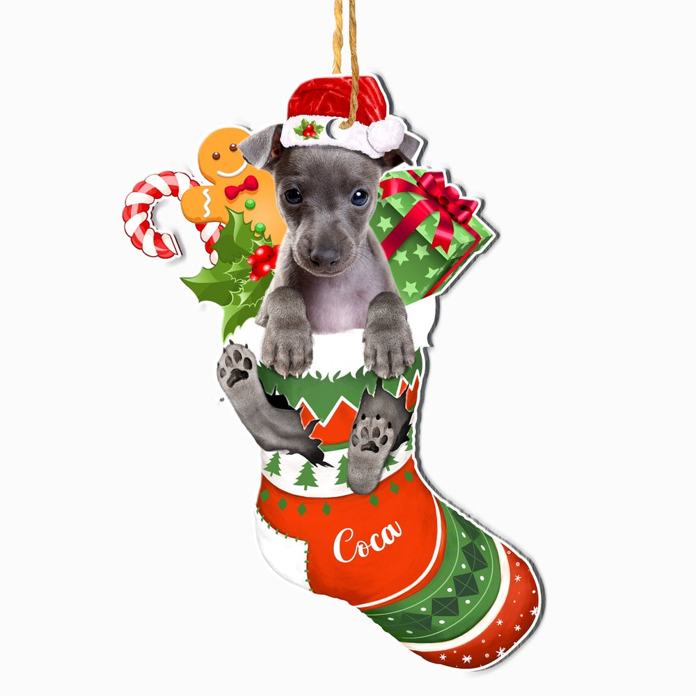 Christmas Dog Ornament, Personalized Italian Greyhound In Christmas Stocking Ornament, New Dog Christmas Ornament