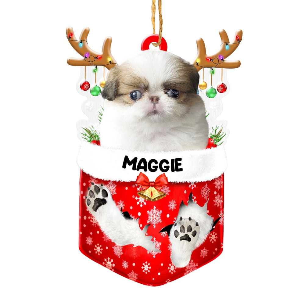Christmas Dog Ornament, Personalized Japanese Chin In Snow Pocket Christmas Acrylic Ornament, New Dog Christmas Ornament