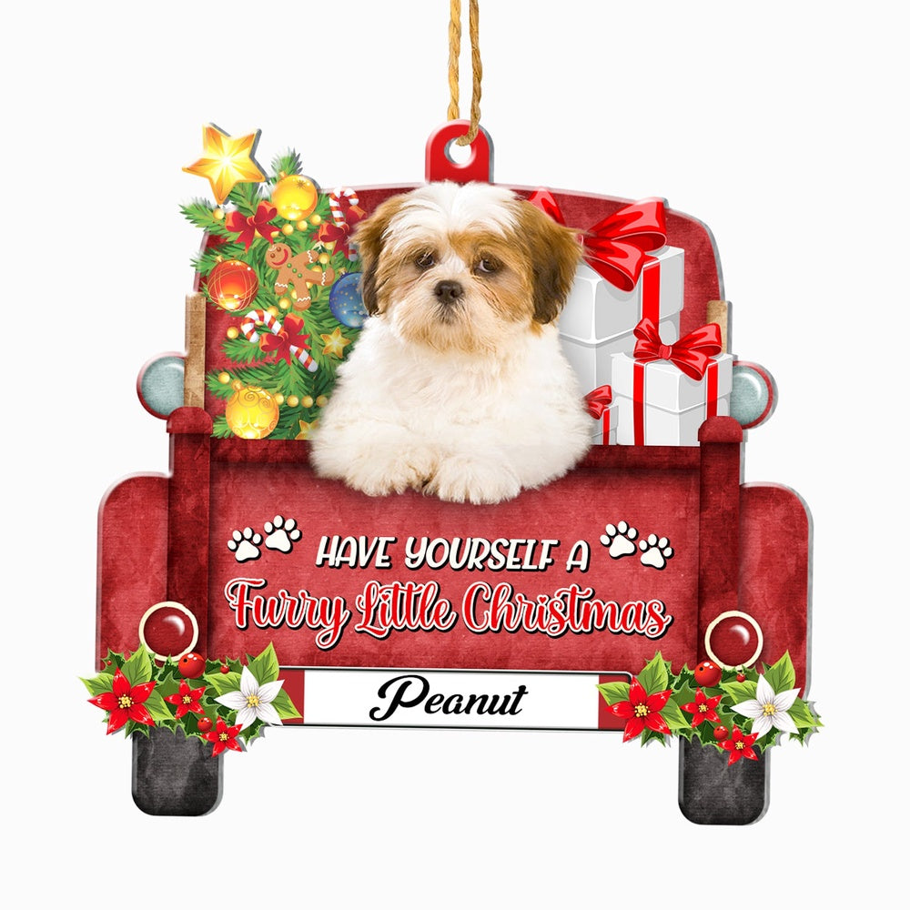 Christmas Dog Ornament, Personalized Lhasa Apso Red Truck Christmas Ornament, New Dog Christmas Ornament