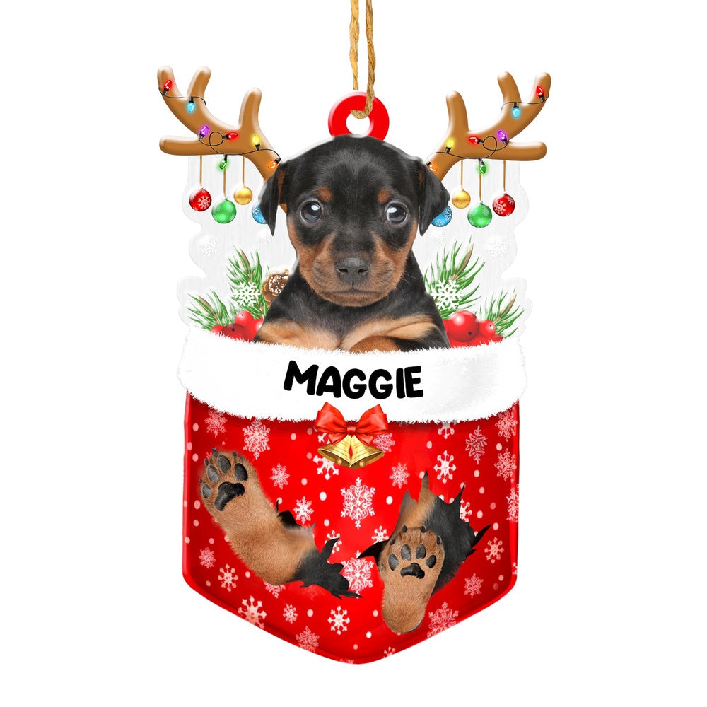 Christmas Dog Ornament, Personalized Miniature Pinscher In Snow Pocket Christmas Acrylic Ornament, New Dog Christmas Ornament