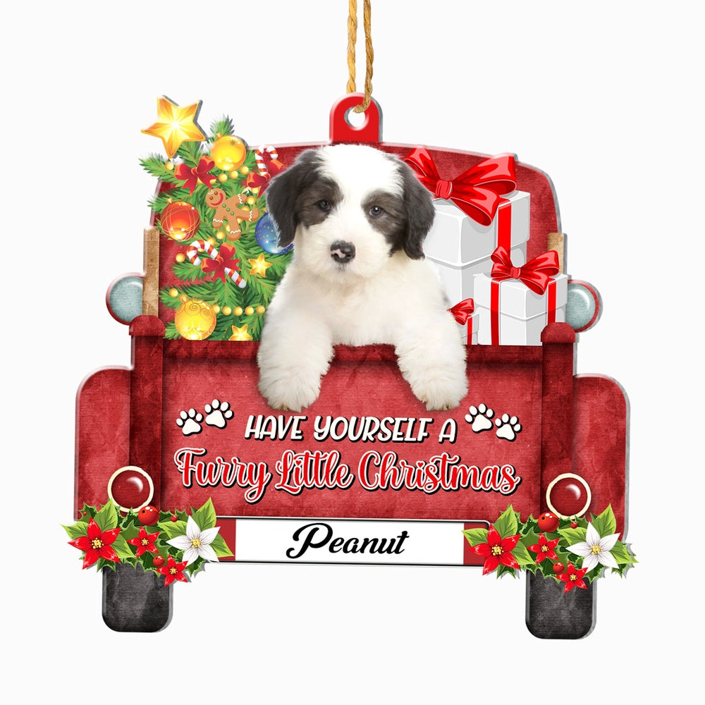 Christmas Dog Ornament, Personalized Old English Sheepdog Red Truck Christmas Ornament, New Dog Christmas Ornament
