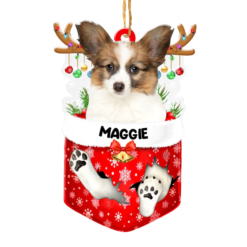 Christmas Dog Ornament, Personalized Papillon In Snow Pocket Christmas Acrylic Ornament, New Dog Christmas Ornament