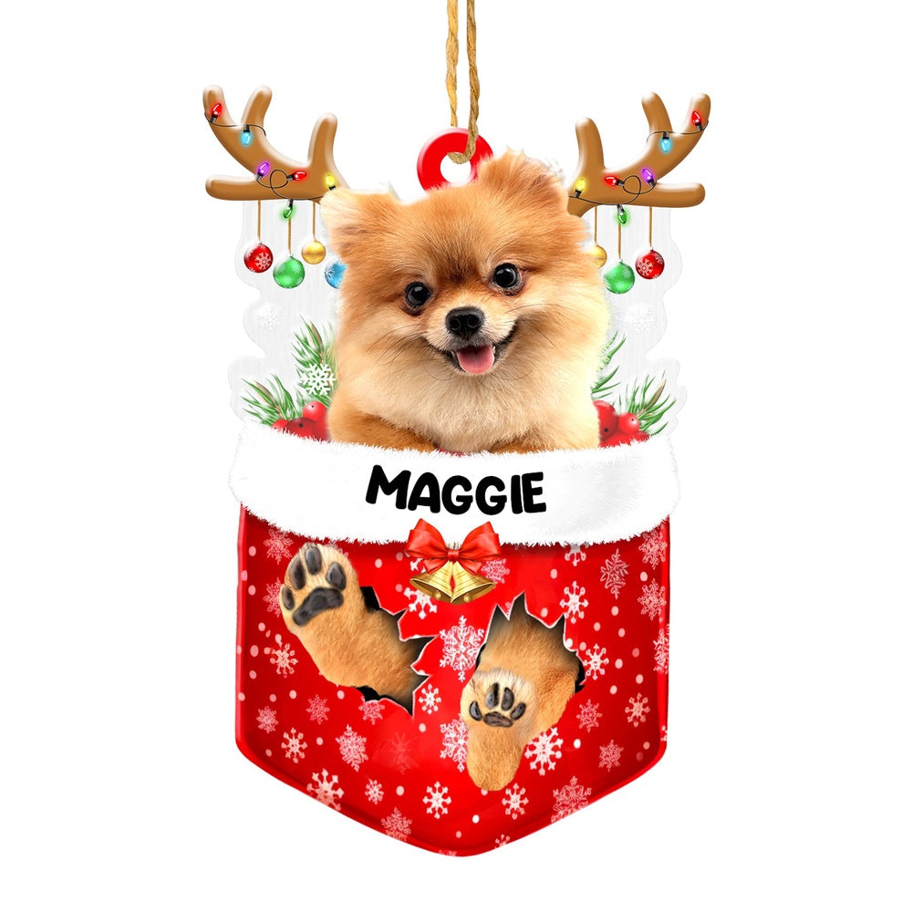 Christmas Dog Ornament, Personalized Pomeranian In Snow Pocket Christmas Acrylic Ornament, New Dog Christmas Ornament