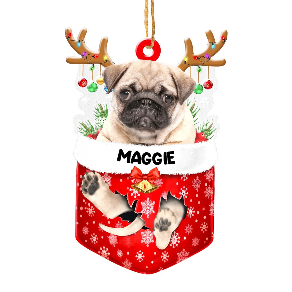 Christmas Dog Ornament, Personalized Pug In Snow Pocket Christmas Acrylic Ornament, New Dog Christmas Ornament