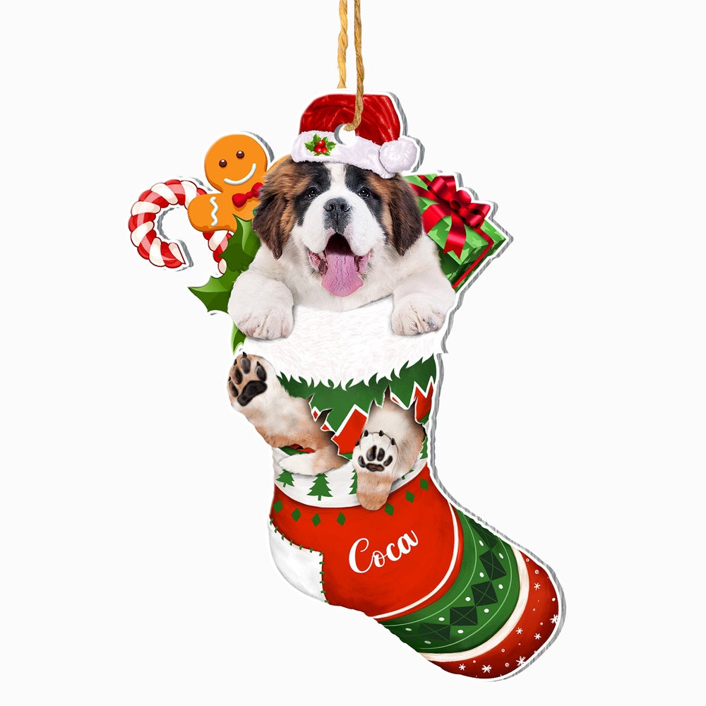 Christmas Dog Ornament, Personalized Saint Bernard In Christmas Stocking Ornament, New Dog Christmas Ornament