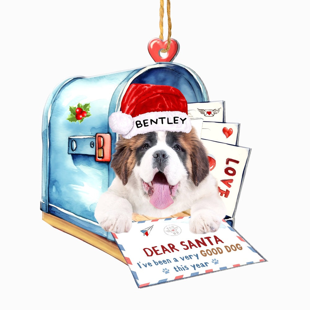 Christmas Dog Ornament, Personalized Saint Bernard In Mailbox Christmas Ornament, New Dog Christmas Ornament