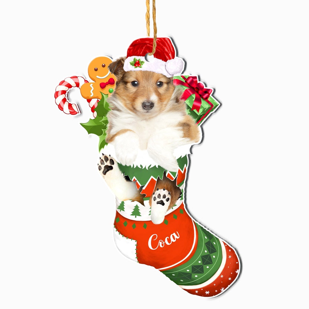 Christmas Dog Ornament, Personalized Shetland Sheepdog In Christmas Stocking Ornament, New Dog Christmas Ornament