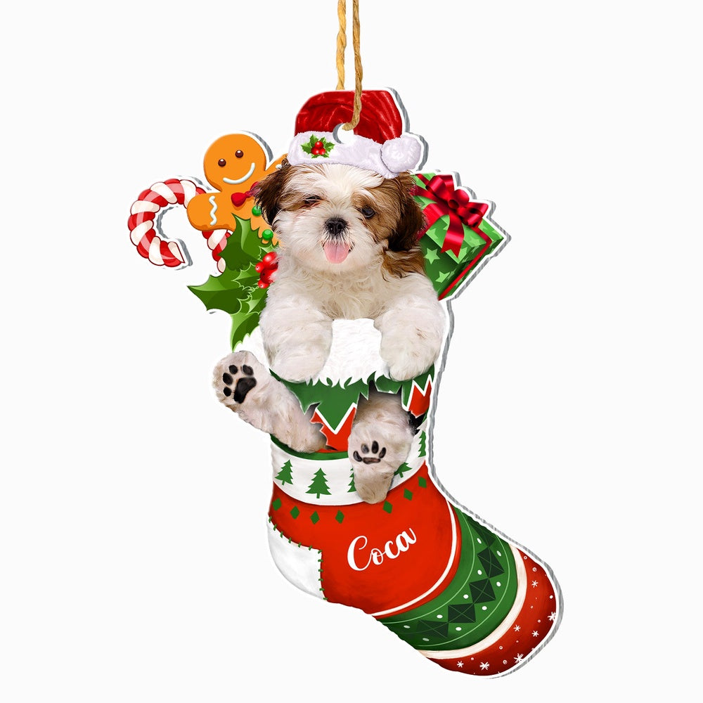 Christmas Dog Ornament, Personalized Shih Tzu In Christmas Stocking Ornament, New Dog Christmas Ornament