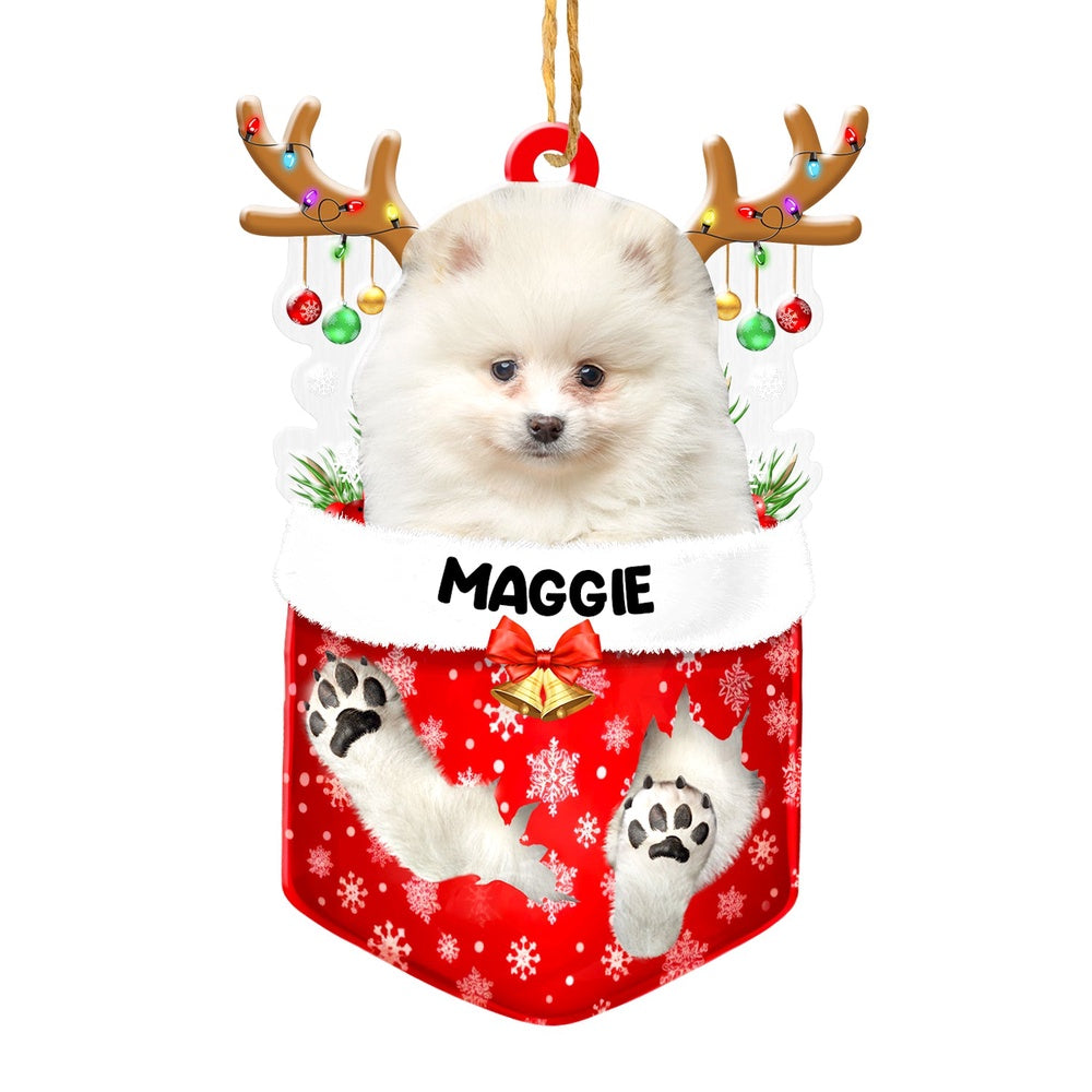 Christmas Dog Ornament, Personalized White Pomeranian In Snow Pocket Christmas Acrylic Ornament, New Dog Christmas Ornament